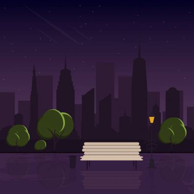 Gece yağmur sonra parkta. Gece cityscape, kamu parki görünümden. Tezgah, fener ve kaldırımda su birikintileri