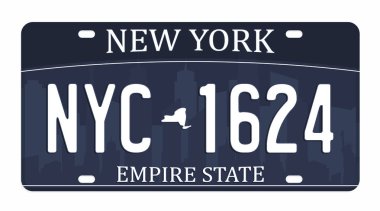 Beyaz arka plan üzerinde izole plaka. Rakam ve harf ile New York lisans plaka. T-shirt grafik için rozet