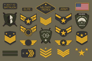 Military badges and army patches typography. Military embroidery chevron and pin design for t-shirt graphic clipart