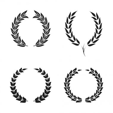 Defne çelengi foliate simgeler kümesi. Defne çelengi Ödülü, başarı için yaprakları ile siyah dairesel siluetleri