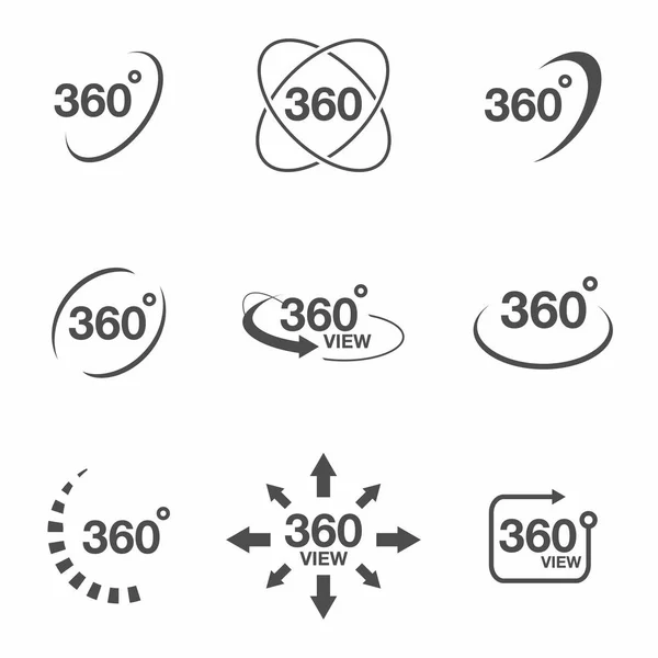 Serie di icone correlate alla vista a 360 gradi. Segni e frecce per indicare la rotazione e il panorama, icone della tecnologia VR — Vettoriale Stock