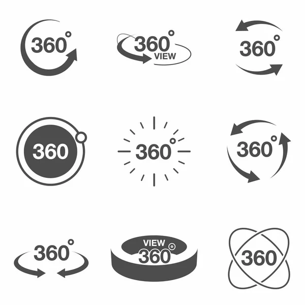 Ορίστε το σχετικό εικονίδιο προβολή 360 μοιρών. Σημάδια και βέλη για δείχνουν την περιστροφή και Πανόραμα, Vr τεχνολογία εικονίδια — Διανυσματικό Αρχείο