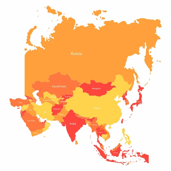 Vektorkarte Asien mit Ländergrenzen. abstrakte rote und gelbe asiatische Länder auf der Karte — Stockvektor