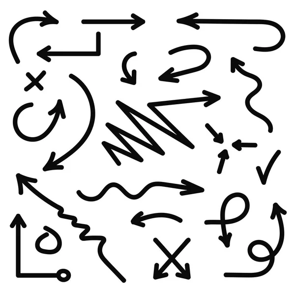 Conjunto de setas desenhadas à mão vetorial. Setas de esboço preto no estilo doodle. Linhas, círculos, marcas — Vetor de Stock