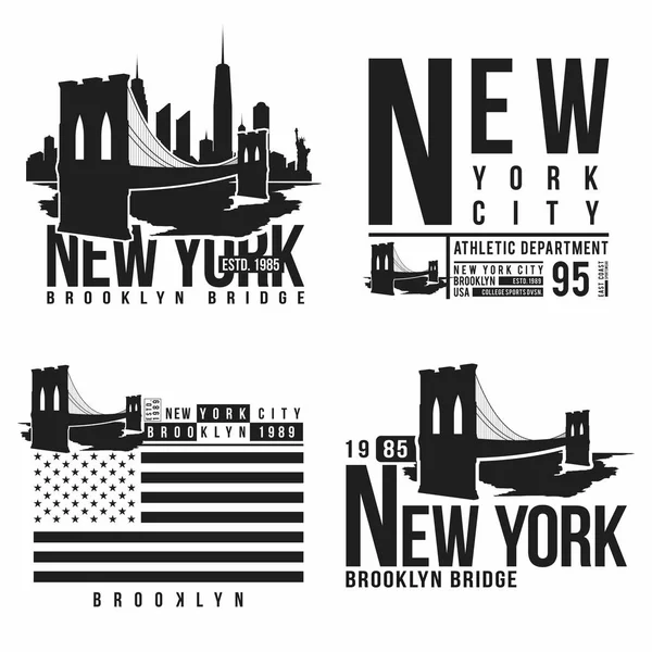 Conjunto de Nova Iorque, Brooklyn Bridge tipografia para impressão de t-shirt. Sílhuetas estilizadas da Ponte Brooklyn. T-shirt gráfico — Vetor de Stock