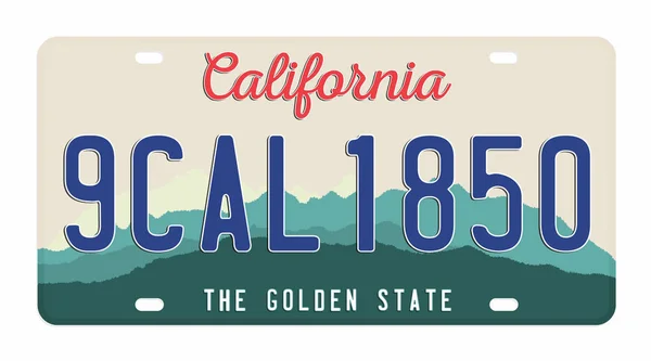 Plaque isolée sur fond blanc. Plaque d'immatriculation californienne avec chiffres et lettres. Badge pour t-shirt graphique — Image vectorielle