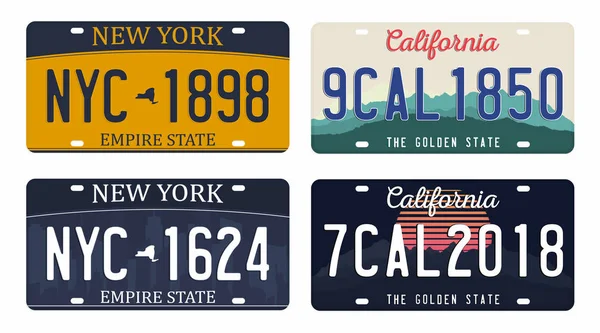 Beyaz arka plan üzerinde izole plakalara. New York ve California plaka rakam ve harf ile