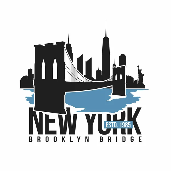 New York, Brooklyn Bridge typographie pour t-shirt imprimé. Silhouette stylisée Brooklyn Bridge. Tee shirt graphique — Image vectorielle