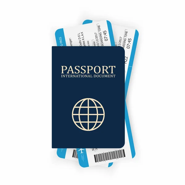 Passeport avec carte d'embarquement. Deux billets d'avion dans le passeport. Concept de voyage aérien. Concept de tourisme — Image vectorielle