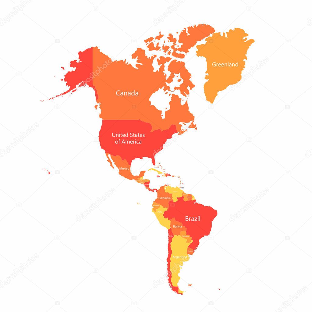 Vector South America and North America map with countries borders. Abstract red and yellow American countries on map