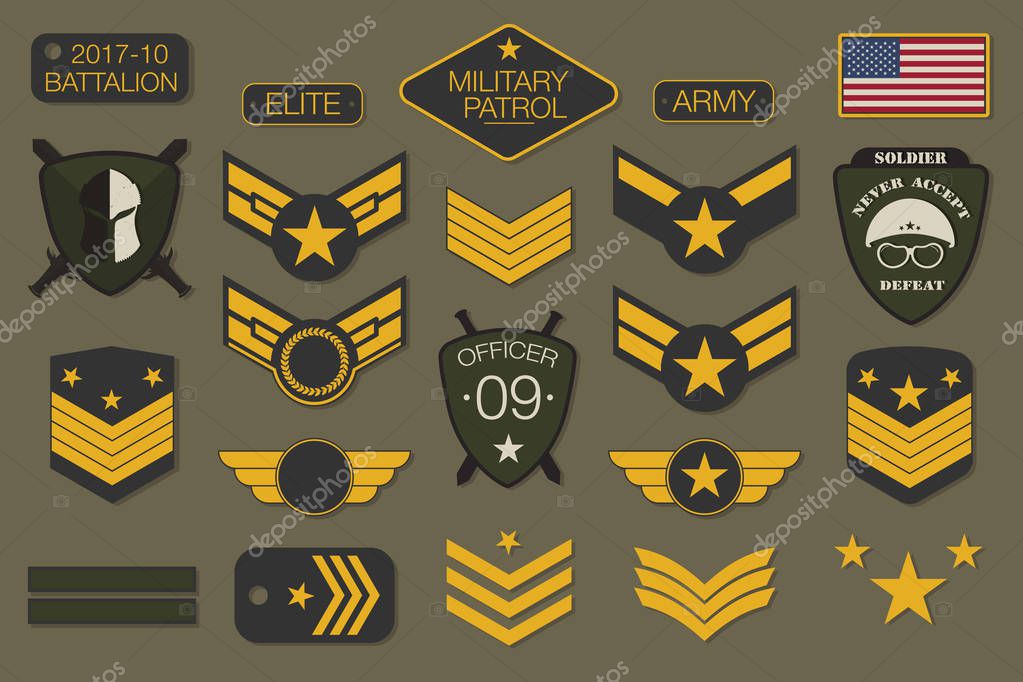 Military badges and army patches typography. Military embroidery chevron and pin design for t-shirt graphic. Vector