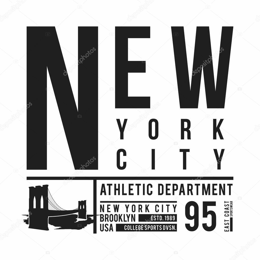 New York, Brooklyn Bridge typography for t-shirt print. Stylized Brooklyn Bridge silhouette. Tee shirt graphic