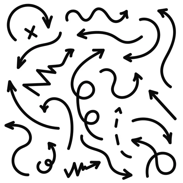 Vector dibujado a mano flechas conjunto. Flechas negras en estilo garabato. Líneas, círculos y marcas — Archivo Imágenes Vectoriales