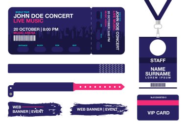 Konser bilet, bilezik, Boyunluklar, kimlik kartı erişim denetimi için olay. Festival bileklik, web afiş olay reklam için