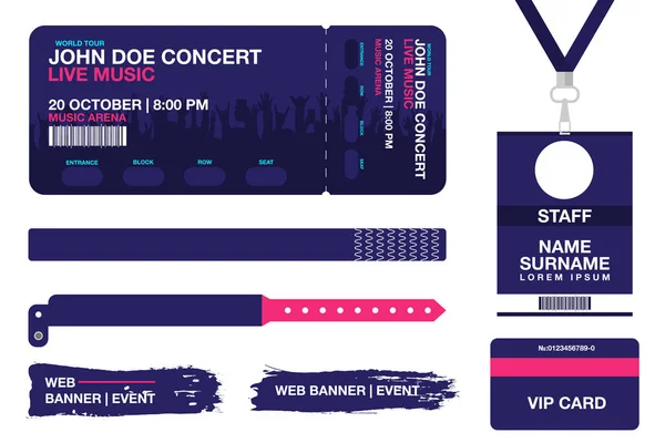 Billet de concert, bracelets, cordons, carte d'identité pour le contrôle d'accès à l'événement. Bracelet festival, bannières web pour la publicité événementielle — Image vectorielle