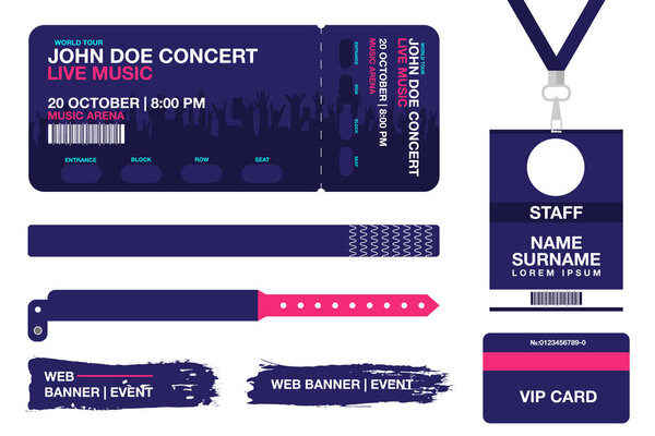 Concert ticket, bracelets, lanyards, identification card for access control to event. Festival wristband, web banners for event advertising