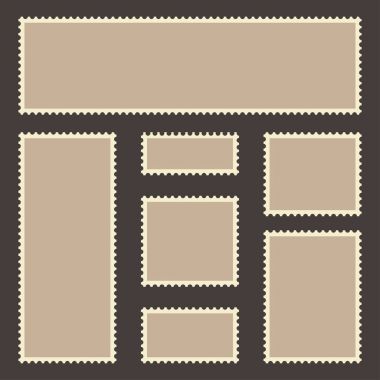 Antika pul pul seti. Retro çerçeveleri ve kenarları koyu arka plan üzerinde izole boş posta pulları