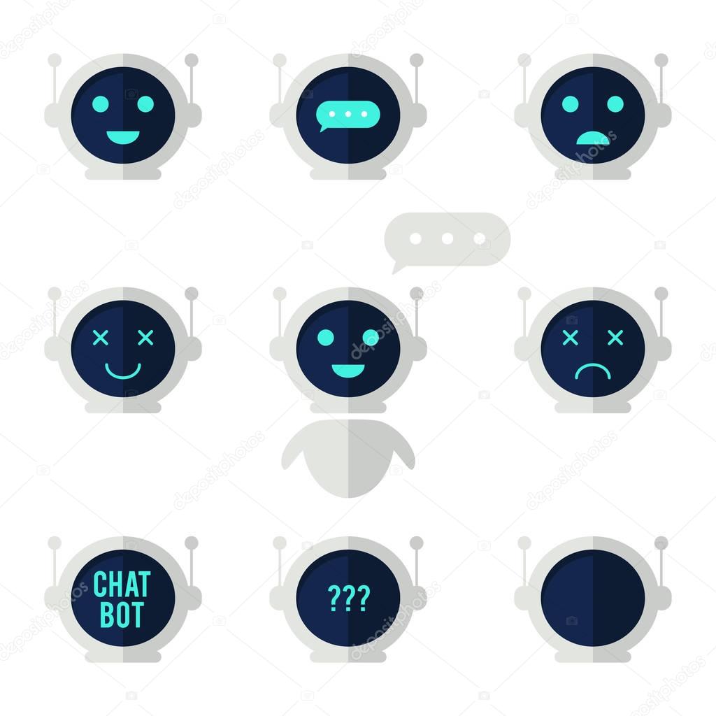 Chat bot icon set. Robot with speech bubble and different emotions. Virtual assistant for website, mobile app and customer service