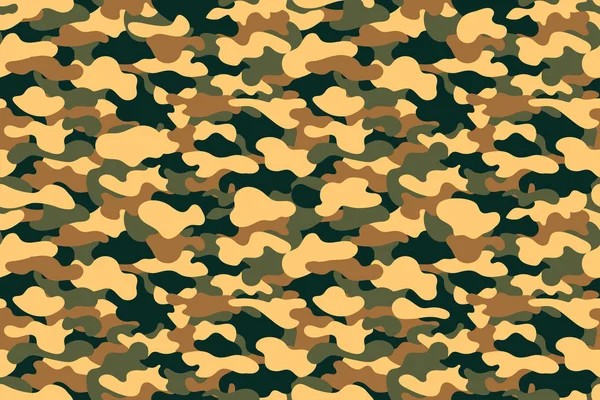 Pola kamuflase mulus. Latar belakang tekstur pakaian militer dengan dedaunan kuning, hijau dan coklat. Gaya militer kamuflase cetak fo industri tekstil - Stok Vektor