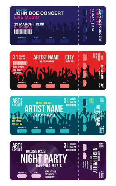 Konser bilet şablonları kümesi. İnsanlar kalabalık arka plan üzerinde yaratıcı bilet mockup olay için giriş için konser, parti ya da festival bilet tasarım şablonu