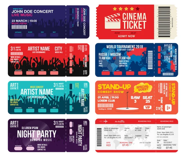 Plantillas de entradas para conciertos, cine, aerolíneas y fútbol. Colección de entradas maqueta para la entrada a diferentes eventos. Billetes creativos aislados sobre fondo blanco — Vector de stock