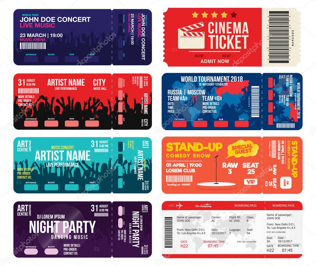 Concert, cinema, airline and football ticket templates. Collection of tickets mock up for entrance to different events. Creative tickets isolated on white background