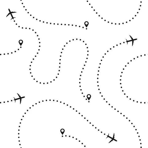 旅游理念无缝模式。抽象飞机路线。旅游和旅游无缝背景与虚线飞机路线 — 图库矢量图片