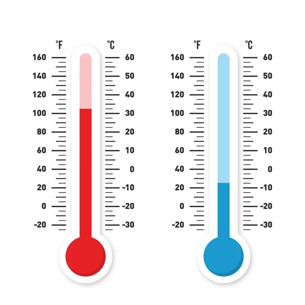 Termómetros que miden el calor y la temperatura fría. Termómetros rojos y azules con escala Celsius y Fahrenheit en estilo plano — Archivo Imágenes Vectoriales