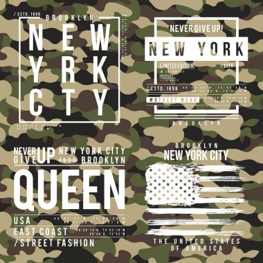 Kamuflaj doku ile T-shirt tasarım. New York City tipografi slogan forması yazdırma. T-shirt grafik sokak askeri stilde ayarla