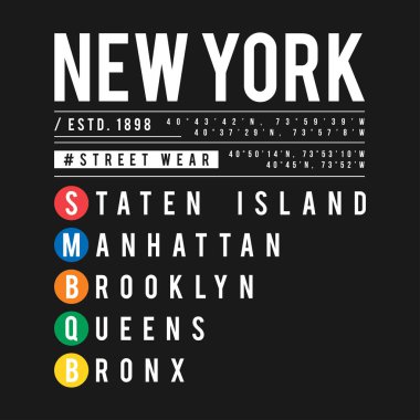 New York City metro kavramında T-shirt tasarım. New York semtleri forması ile serin tipografi yazdırın. Kentsel ve sokak stili grafikte T-shirt