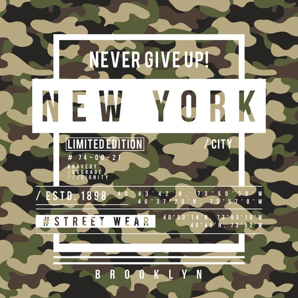 T-shirt design with camouflage texture. New York City typography with slogan for shirt print. T-shirt graphic in street military style — Stock Vector