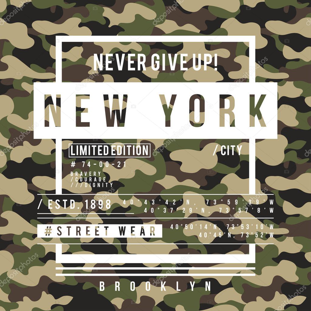 T-shirt design with camouflage texture. New York City typography with slogan for shirt print. T-shirt graphic in street military style