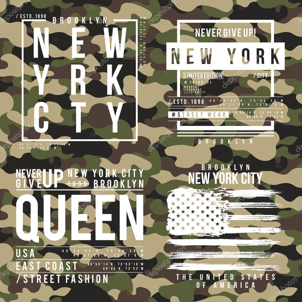 T-shirt design with camouflage texture. New York City typography with slogan for shirt print. Set of t-shirt graphic in street military style