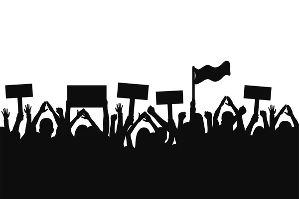 Crowd of protesters people. Silhouettes of people with banners and with raised up hands. Concept of revolution and political or social protest — Stock Vector