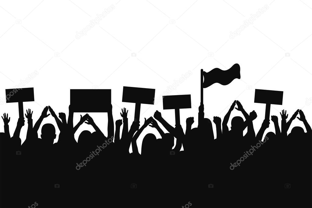 Crowd of protesters people. Silhouettes of people with banners and with raised up hands. Concept of revolution and political or social protest
