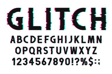 80s ve 90s tarzı çarpık etkisi ile Glitch font. Aksaklık İngilizce alfabesi numaraları ve işaretleri ile
