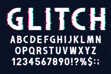 80s ve 90s tarzı çarpık etkisi ile Glitch font. Aksaklık İngilizce alfabesi numaraları ve işaretleri ile