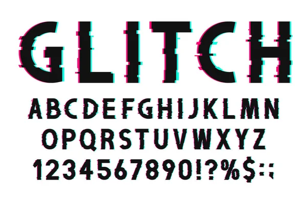 Glitch-Schrift mit verzerrtem Effekt im Stil der 80er und 90er Jahre. glitch englisches Alphabet mit Zahlen und Markierungen — Stockvektor