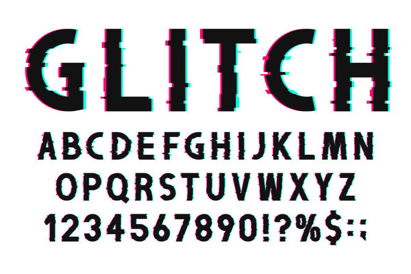 Glitch font with distorted effect in 80s and 90s style. Glitch english alphabet with numbers and marks