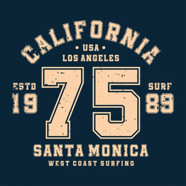 Surfing, California t-shirt design, Odznaka dla koszula atletyczna wydruku. Uniwerek stylu t-shirt grafiki — Wektor stockowy