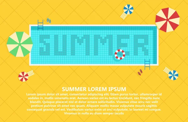 Úszómedence, kék víz, esernyő és nyári betűkkel. Nyári időszámítás háttér. Poszter és szórólap tervezősablon — Stock Vector