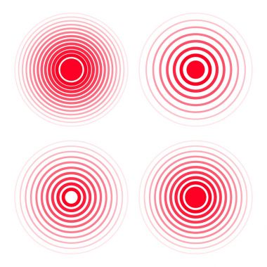 Ağrı konsantrasyon Icon set. Kırmızı trasparent daireler, semboller için tıbbi ağrı kesici ilaçlar, baş ağrısı, kas ve mide ağrısı konsantrasyonunun tayin ağrıyor