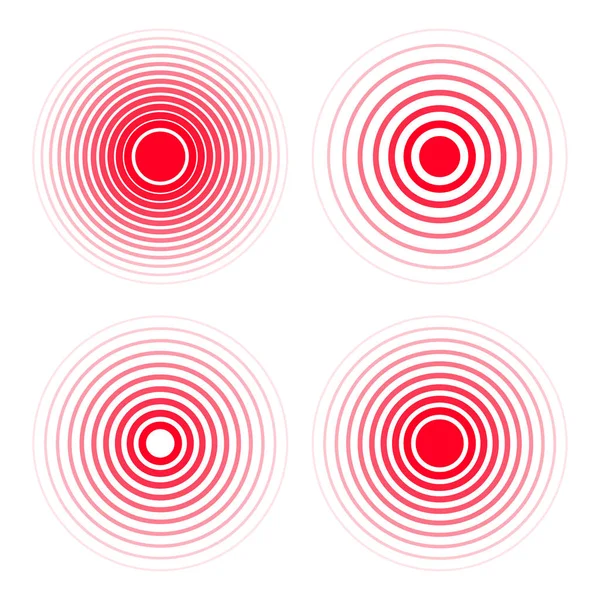 Conjunto de iconos de concentración de dolor. Círculos rojos transparentes, símbolos de concentración de dolor para medicamentos analgésicos médicos, dolor de cabeza, designación de dolor muscular y estomacal — Vector de stock