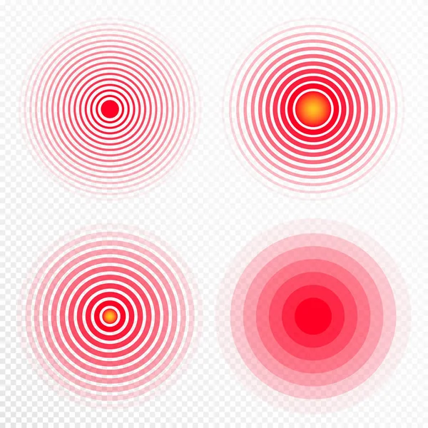 Ensemble d'icônes de concentration de douleur. cercles trasparentaux rouges, symboles de concentration de la douleur pour les médicaments analgésiques médicaux, maux de tête, douleurs musculaires et abdominales désignation — Image vectorielle