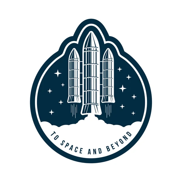 Distintivo espacial com lançamento de foguetes. Etiqueta de astronauta vintage ou patch para bordados no conceito espacial. T-shirt gráfico, emblema e design de logotipo — Vetor de Stock