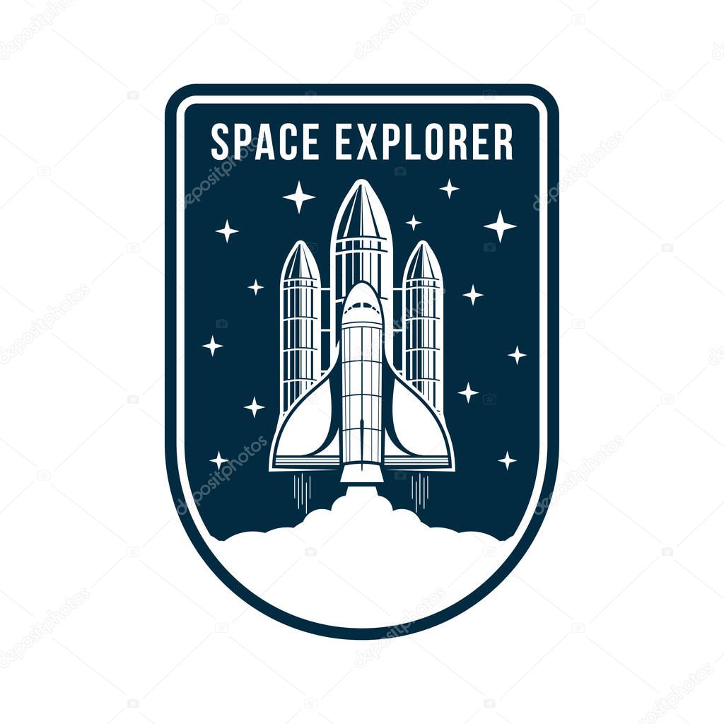 Space badge with rocket and spaceship launch. Vintage astronaut label or patch for embroidery in space concept. T-shirt graphic, emblem and logo design