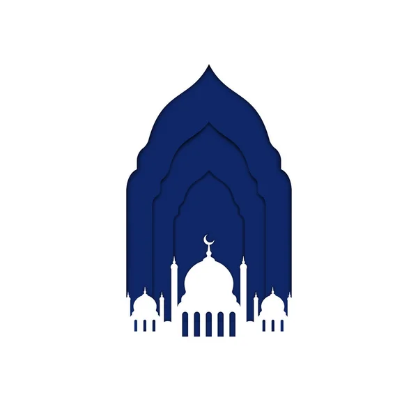 Ramadan Kareem. Moskén fönster med månskära på blå bakgrund. Ramadan gratulationskort och banner mall — Stock vektor