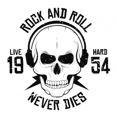 Rock and roll t-shirt grafik tasarım kulaklıklar ve yıldırım kafatası ile. Rock müzik sloganı t-shirt baskı ve poster. Vintage kafatası doku ile