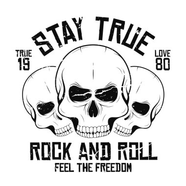 Rock and roll t-shirt grafik tasarım kafatasları ile. Rock müzik sloganı t-shirt baskı ve poster. Doku ile Vintage kafatasları