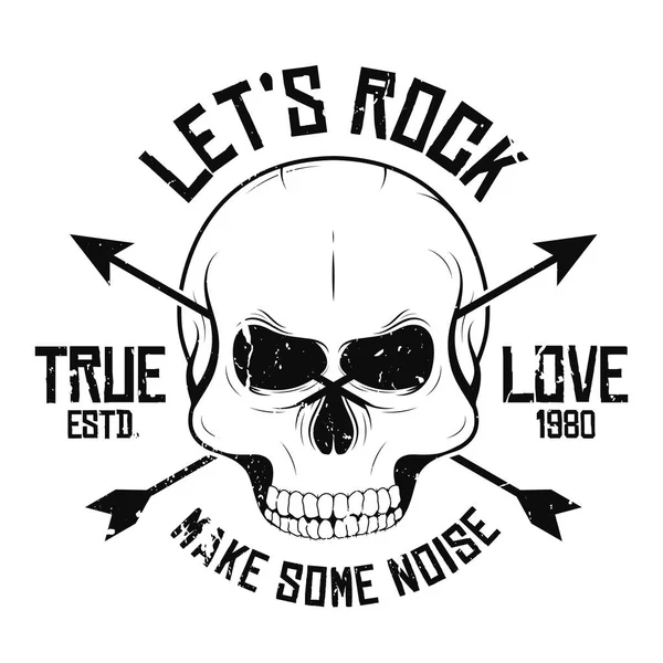 Projeto gráfico de t-shirt de rock and roll com crânio e setas. Slogan de música rock para estampa de t-shirt e cartaz. Crânio vintage com textura grunge —  Vetores de Stock